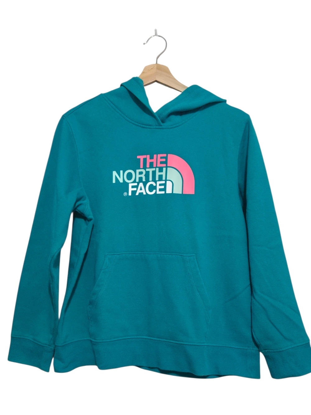 The North Face Girls XL 18 Teal Pullover Hoodie Pink Logo  Sweatshirt